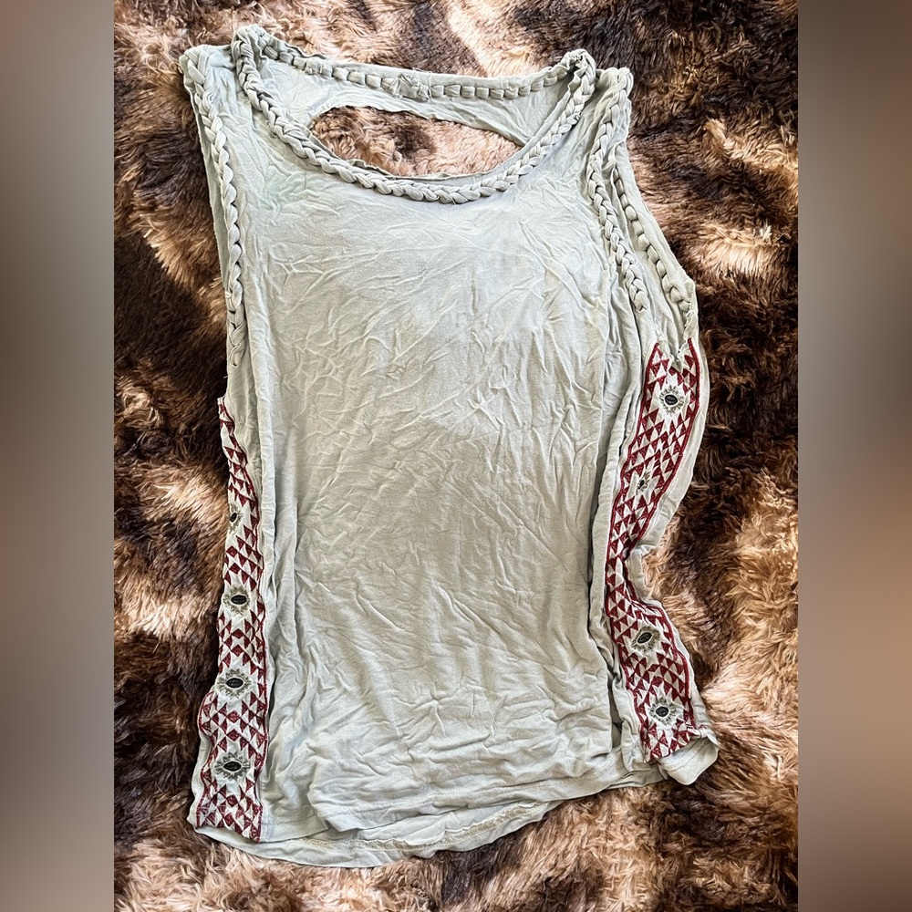 POL Light Gray Sleeveless Tank with Red Embroidered Side Panels